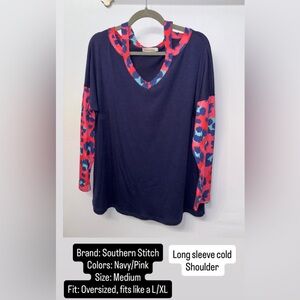 Navy V-Neck Long Sleeve Top with Pink Printed Sleeve Panels